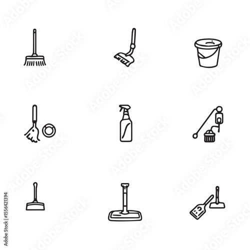 Cleaning supplies outline drawings for house and office work icon set