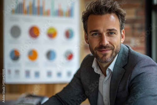Portrait of a smiling businessman with charts and graphs displayed on a board in the background, conveying confidence and business acumen