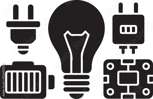 Electrical components and lightbulb isolated on white background