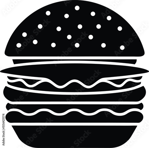 Delicious looking burger with toppings and bun silhouette vector illustration.
