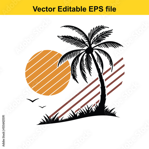 Retro Palm Tree Sunset Graphic Vintage Tropical Design Silhouette Illustration Vacation Vibes Island Getaway Nature Inspired Vector Art