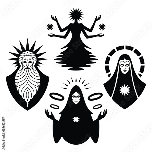 Pixel Art: Mystical Figures, Black and White Icons, Spiritual Symbols, Occult Design Elements, Religious Art, Graphic Design, Digital Illustration