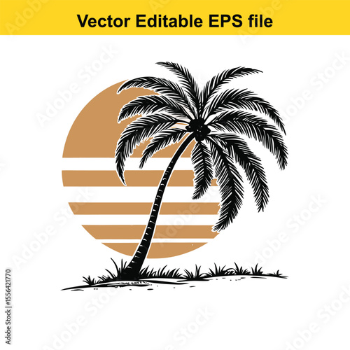 Retro Palm Tree Sunset Graphic Vintage Tropical Design Silhouette Illustration Vacation Vibes Island Getaway Nature Inspired Vector Art