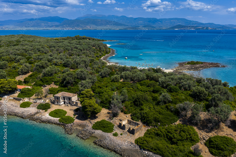 Fototapeta premium Aerial view of Lichadonisia which is island popular with boat trippers. the Greek Bahamas, in North Evia, Greece