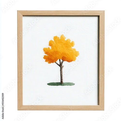 Autumn tree watercolor, falling leaves, warm wood frame