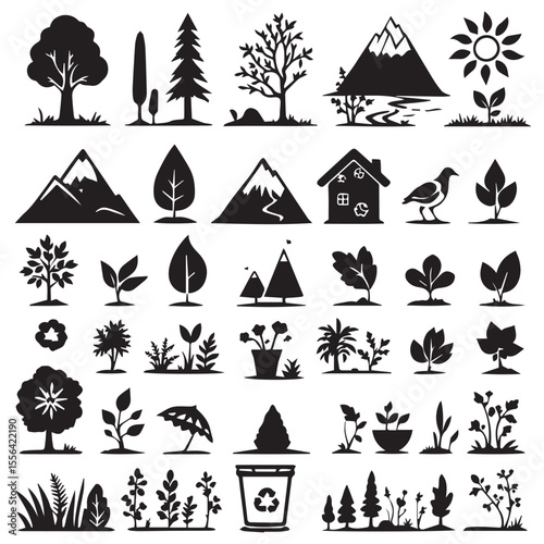 Black nature silhouette collection for graphic design needs icon set