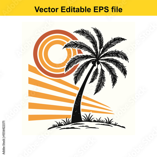 Retro Palm Tree Sunset Graphic Vintage Tropical Design Silhouette Illustration Vacation Vibes Island Getaway Nature Inspired Vector Art