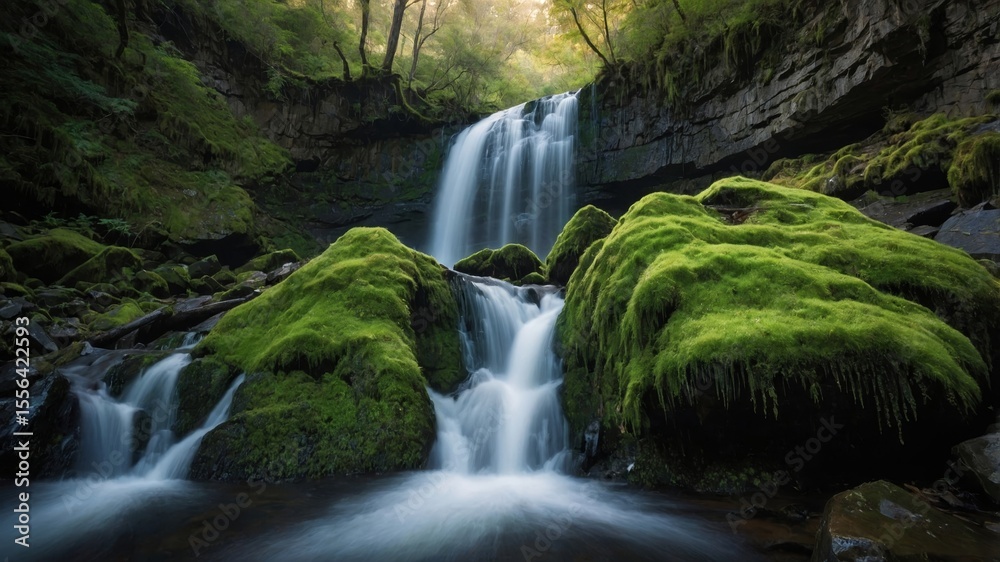 Obraz premium Breathtaking Waterfall Cascading Over Lush Green Moss-Covered Rocks in a Serene Forest Setting During the Golden Hour
