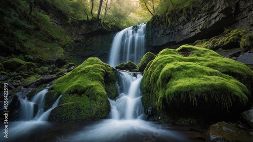 Breathtaking Waterfall Cascading Over Lush Green Moss-Covered Rocks in a Serene Forest Setting During the Golden Hour