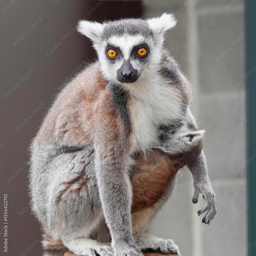 Fototapeta premium Ring-Tailed Lemur with Baby Nuzzled on Belly