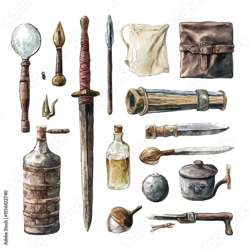 Ancient Tools And Weaponry Museums, watercolor drawing vector, isolated on a white background.