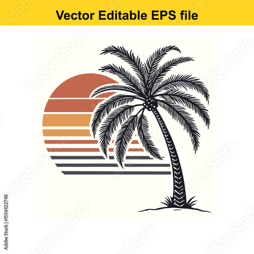 Retro Palm Tree Sunset Graphic Vintage Tropical Design Silhouette Illustration Vacation Vibes Island Getaway Nature Inspired Vector Art