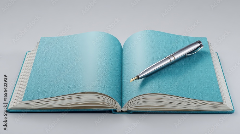Fototapeta premium A silver pen balanced on an open teal notebook displaying blank pages