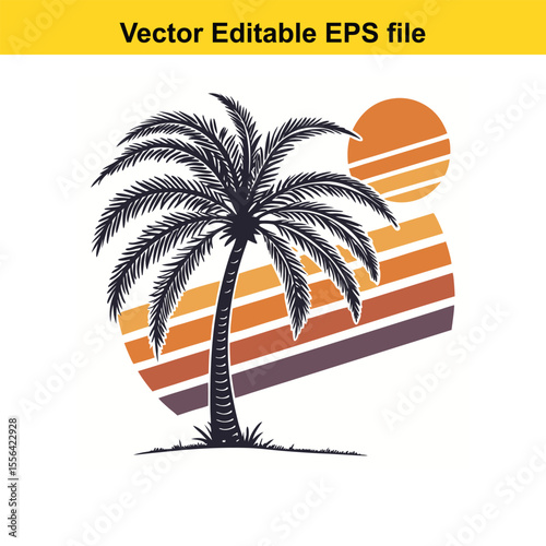 Retro Palm Tree Sunset Graphic Vintage Tropical Design Silhouette Illustration Vacation Vibes Island Getaway Nature Inspired Vector Art