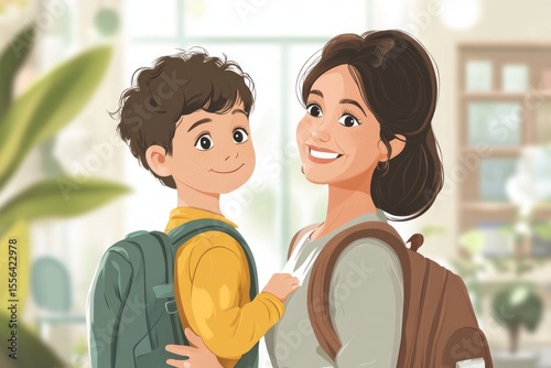 Mother and son smiling and wearing backpacks, ready for school or a trip