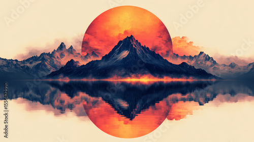 Pixelated Mountain Range Landscape With Fiery Sun Reflection