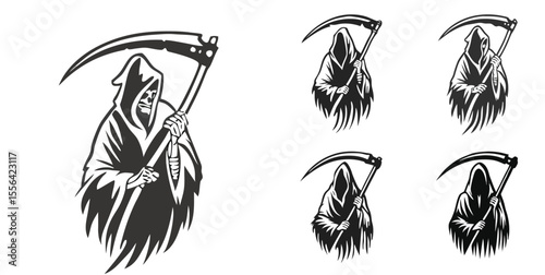 Grim Reaper Scythe Black White Illustration Four Variations Graphic Design death