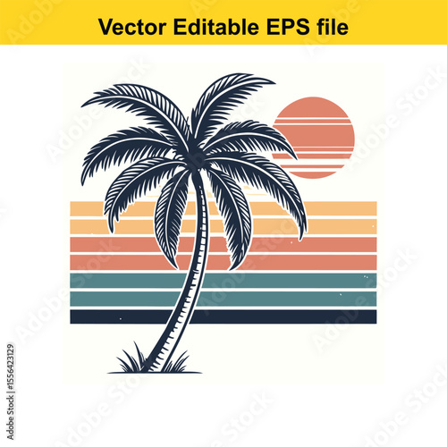 Retro Palm Tree Sunset Graphic Vintage Tropical Design Silhouette Illustration Vacation Vibes Island Getaway Nature Inspired Vector Art