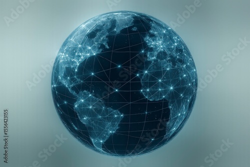 Glowing globe with network connections over continents in blue hues