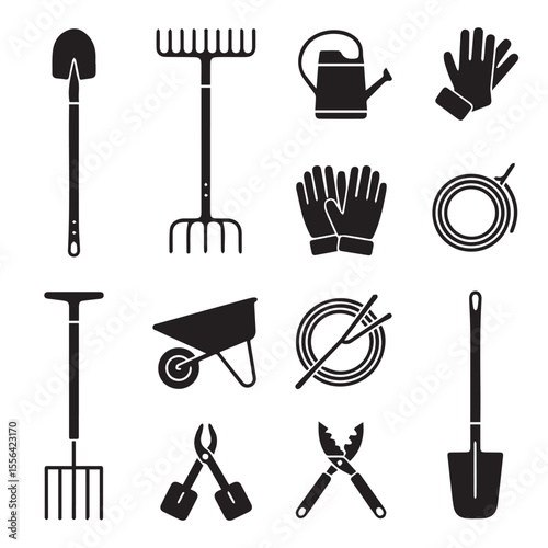 Gardening tools equipment silhouette collection isolated art icon set