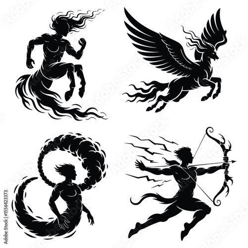 Mythological Creatures: Four Classic Designs - Centaur, Griffin, Siren, Archer - Ancient Greek Art, Fantasy Illustration, Black and White Ink Drawing