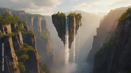 Spectacular Scenery of Floating Islands with Lush Greenery and Waterfalls in Fantasy World