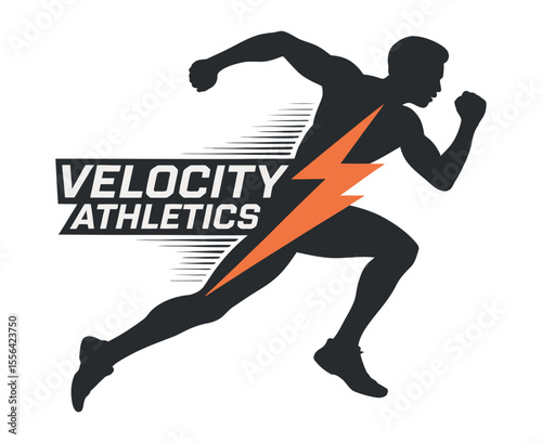Velocity Athletics Logo Featuring a Running Silhouette with Lightning Bolt runner lightning bolt graphic running athlete sports logo silhouette fitness exercise velocity athletics
