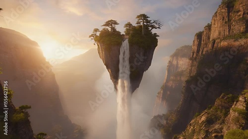 Spectacular floating islands with waterfalls in a surreal mountain landscape at sunrise
