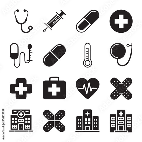 Medical healthcare symbol collection black and white design icon set