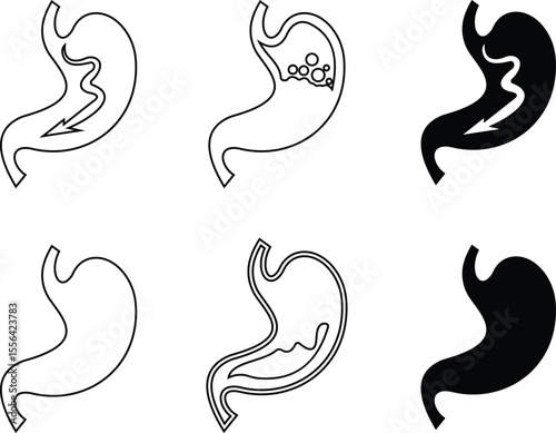Stomach organ icon set biology digestion function. contains gastric juice to aid digestion and ascend to the intestine. ache, healthcare symbol. Anatomy, healthy. silhouette Outline, flat design.