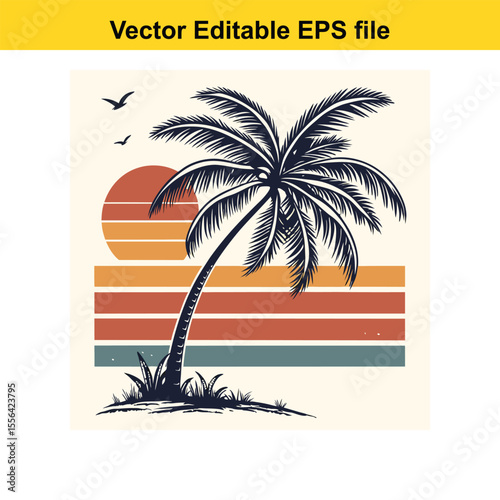Retro Palm Tree Sunset Graphic Vintage Tropical Design Silhouette Illustration Vacation Vibes Island Getaway Nature Inspired Vector Art
