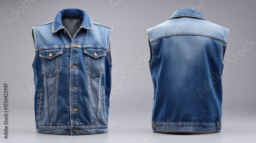 Front and back display of a denim vest, studio lighting, neutral gray background, product showcase
