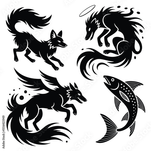 Pixel Art: Four Mythical Creatures - Fox, Dragon, Winged Wolf, Fish