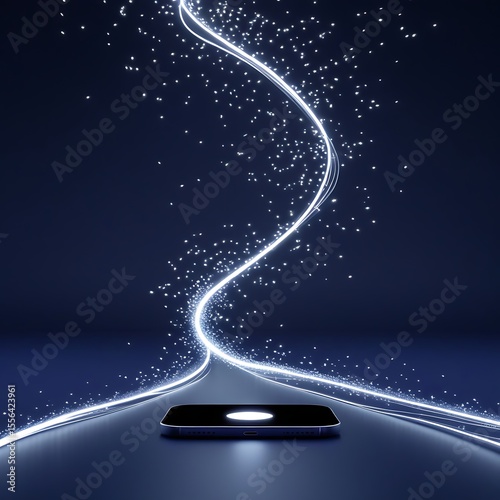 A smartphone emits a glowing, swirling stream of light particles against a dark blue background, symbolizing data flow and digital connectivity.