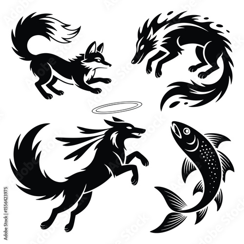 Mystical Creatures: Four Unique Animal Designs in Black and White