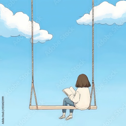 A pastel world of floating islands with a girl reading on a swing made of clouds and ribbons