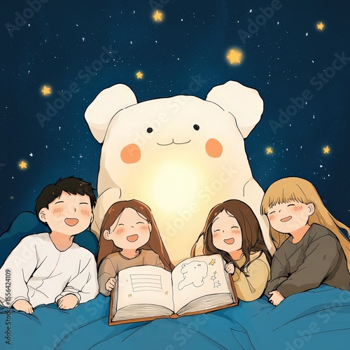 A cozy bedtime scene where a group of friends is falling asleep around a glowing storybook in a moonlit room