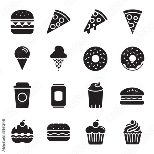 Food dessert pizza burger donut drink glyphs collection icon set