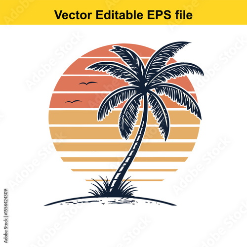 Retro Palm Tree Sunset Graphic Vintage Tropical Design Silhouette Illustration Vacation Vibes Island Getaway Nature Inspired Vector Art