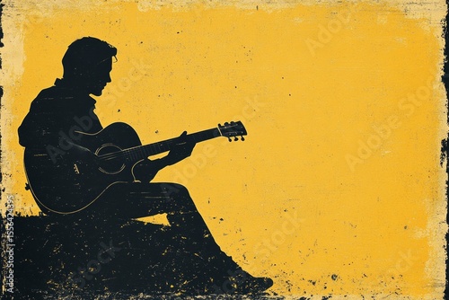 Silhouette of a musician playing acoustic guitar on grunge yellow background