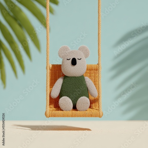 Cartoon koala resting in swing chair on sunny porch