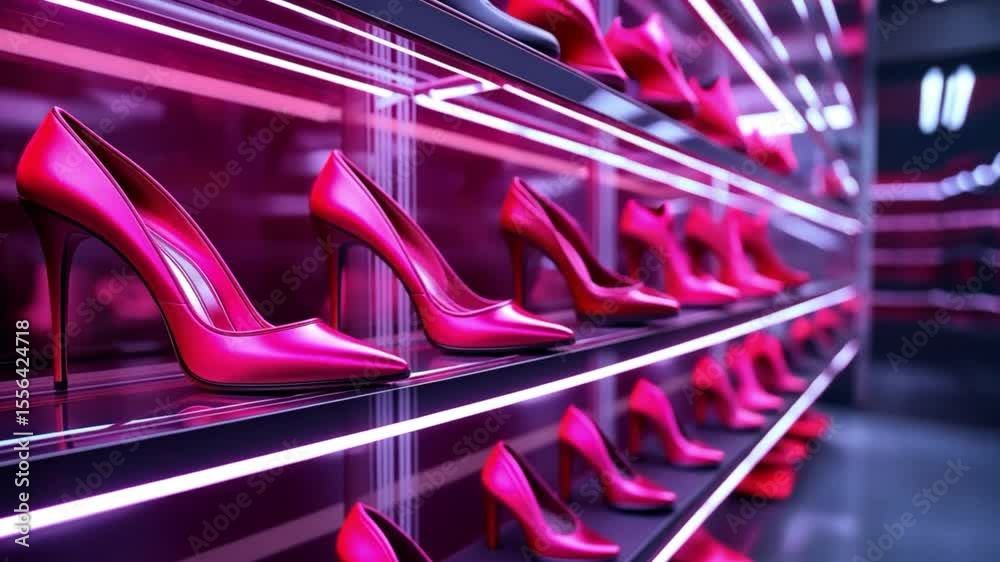 Rows of Stylish Pink High Heels in a Luxurious Shoe Store