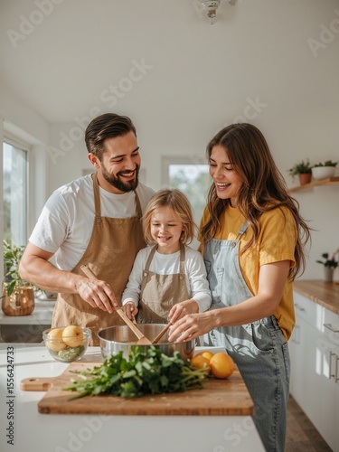 A family cooking together in a bright kitchen with lemons and herbs on the counter and wooden spoons