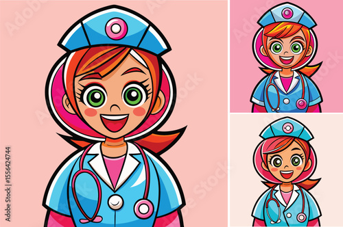 Three Cheerful Cartoon Nurses Pink Background Bright Colors Happy Expressions Medical Professionals