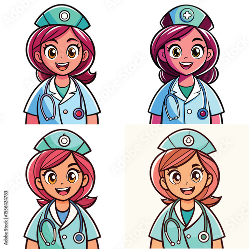 Four Cartoon Nurses Diverse Hair Colors Smiling Portraits Medical Professionals Healthcare Workers