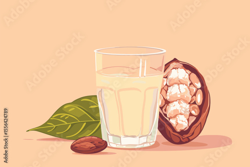 Vector illustration of cacao water in a glass and half of cacao fruit with palm leaves on a peach backdrop
