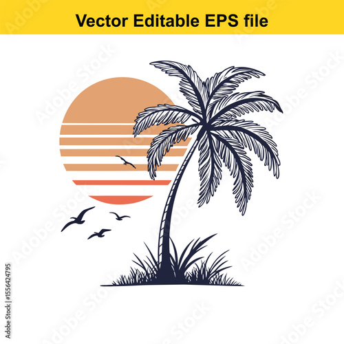 Retro Palm Tree Sunset Graphic Vintage Tropical Design Silhouette Illustration Vacation Vibes Island Getaway Nature Inspired Vector Art