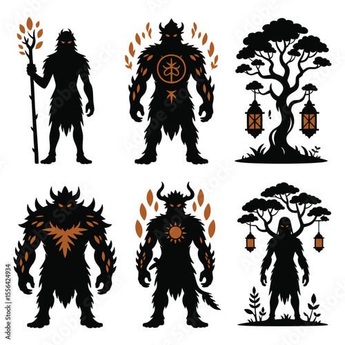 Pixel Art Characters: Fantasy Game Assets, Silhouette Figures, Shaman, Monster, Tree, Lantern, Game Design, RPG