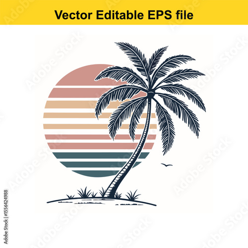 Retro Palm Tree Sunset Graphic Vintage Tropical Design Silhouette Illustration Vacation Vibes Island Getaway Nature Inspired Vector Art