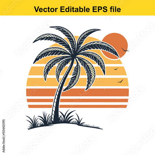 Retro Palm Tree Sunset Graphic Vintage Tropical Design Silhouette Illustration Vacation Vibes Island Getaway Nature Inspired Vector Art
